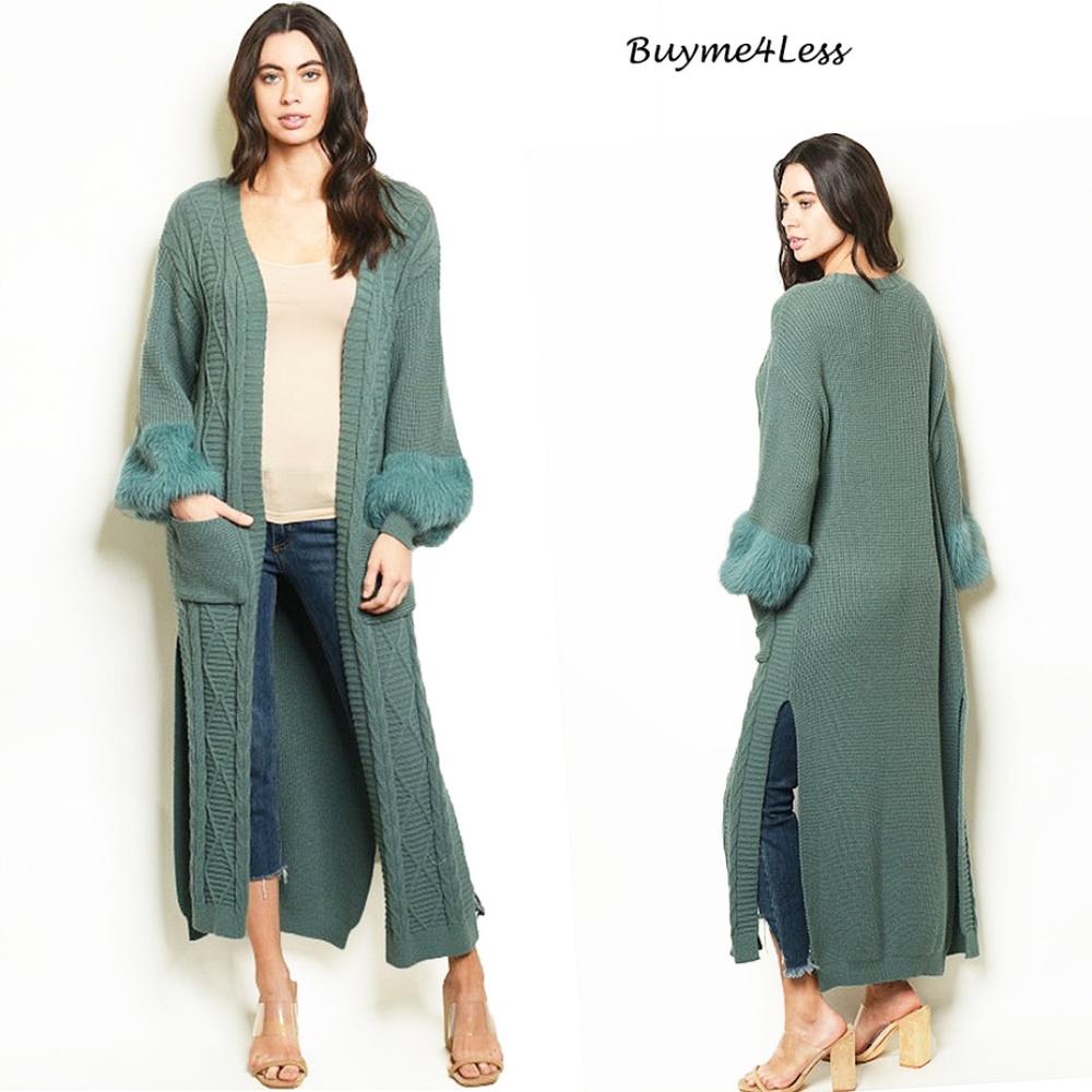 Retro Sage Faux Fur Chunky Knit Maxi Sweater Coat